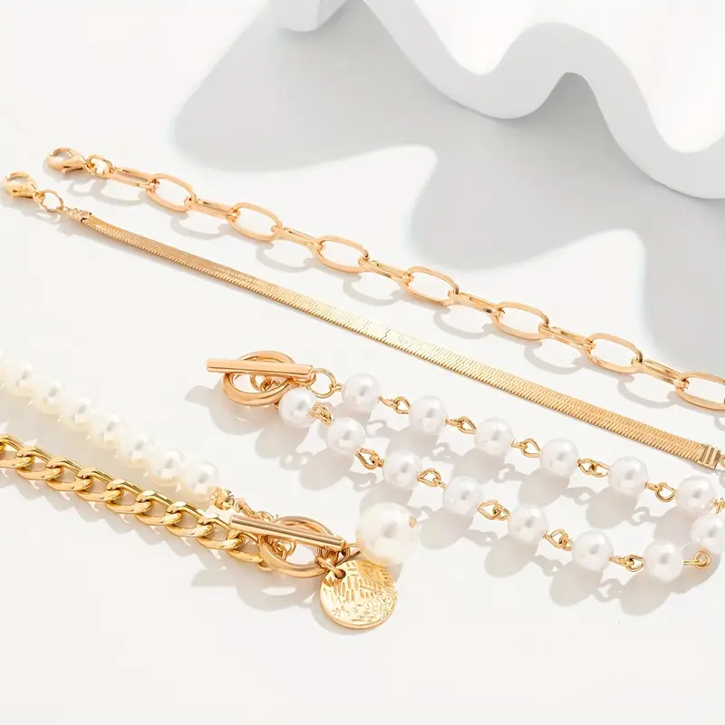 Chic Gold 4-Piece Bracelet Set - Snake, Pearls & Links | Gold - Image 2