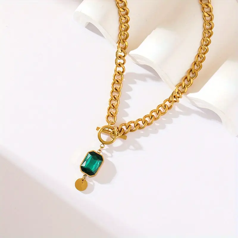 Chunky Chain Emerald Pendant Necklace | Gold - Image 5
