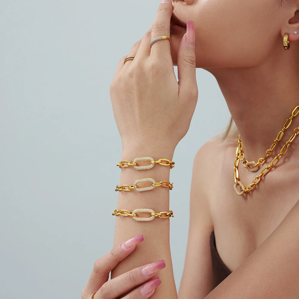 Paved Chunky Chain Link Jewelry Set | Gold - Image 3