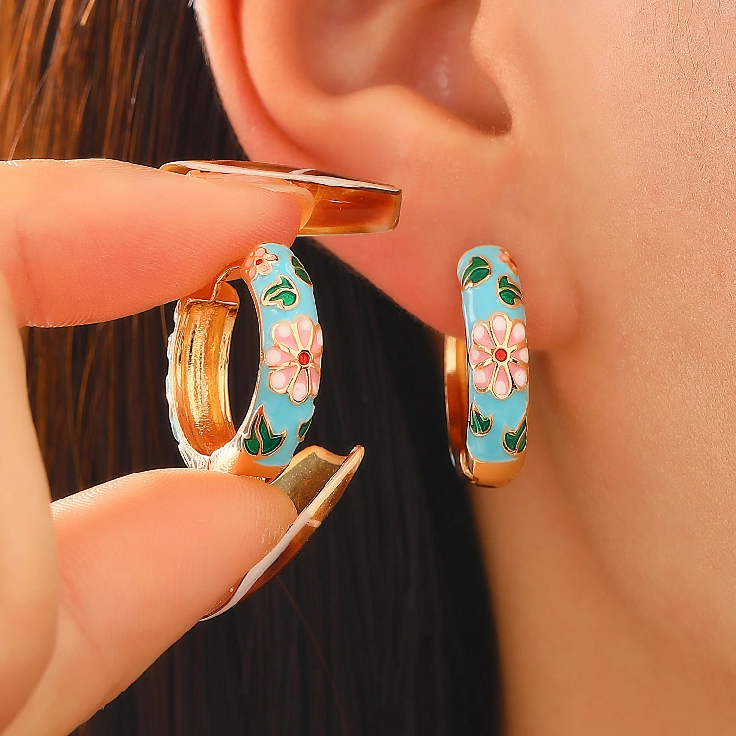 Colorful Floral Hoop Earrings | Gold - Image 2