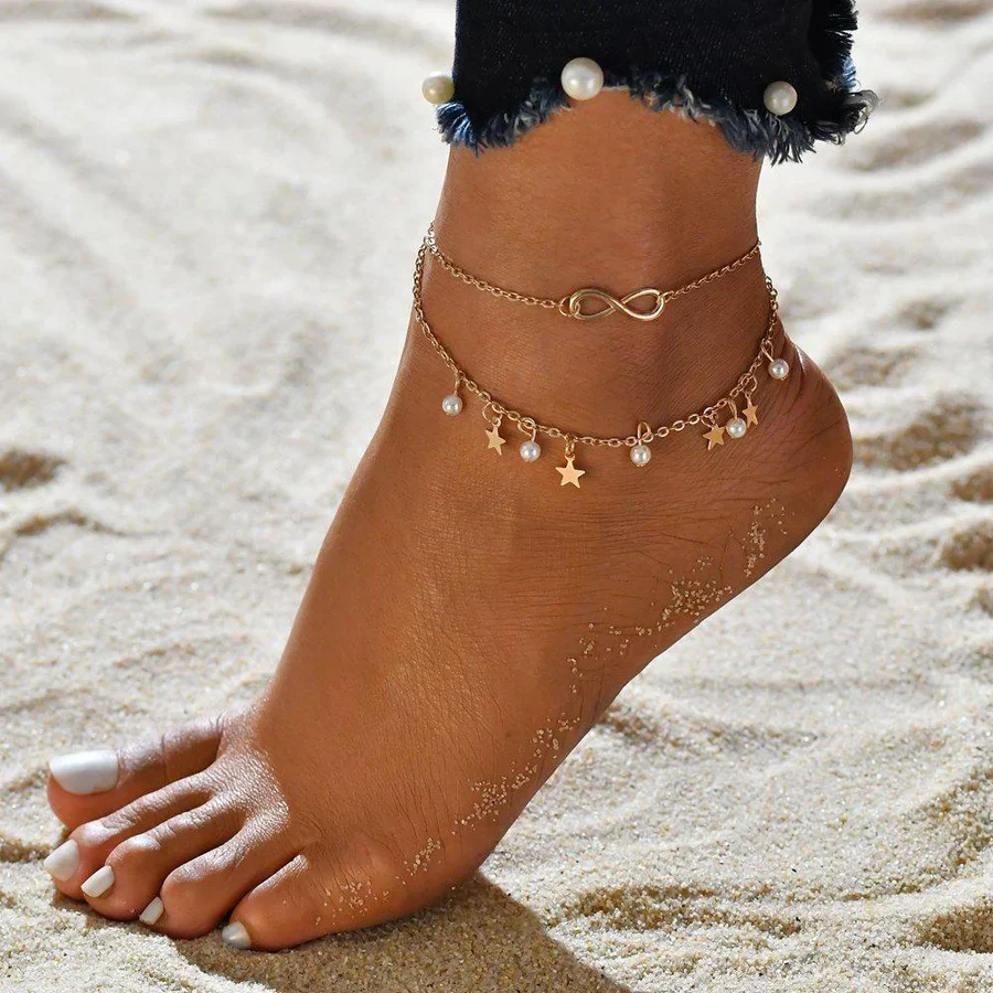 Infinity Anklet Bracelet + Pearls and Stars | White Gold - Image 2