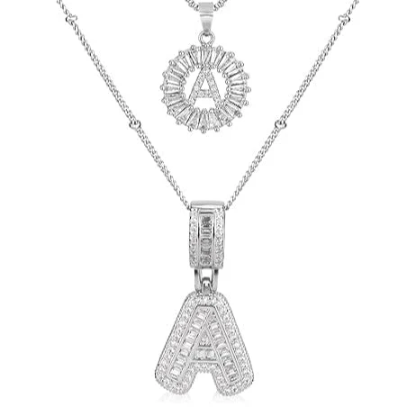 Pave letter initial necklace set | White Gold