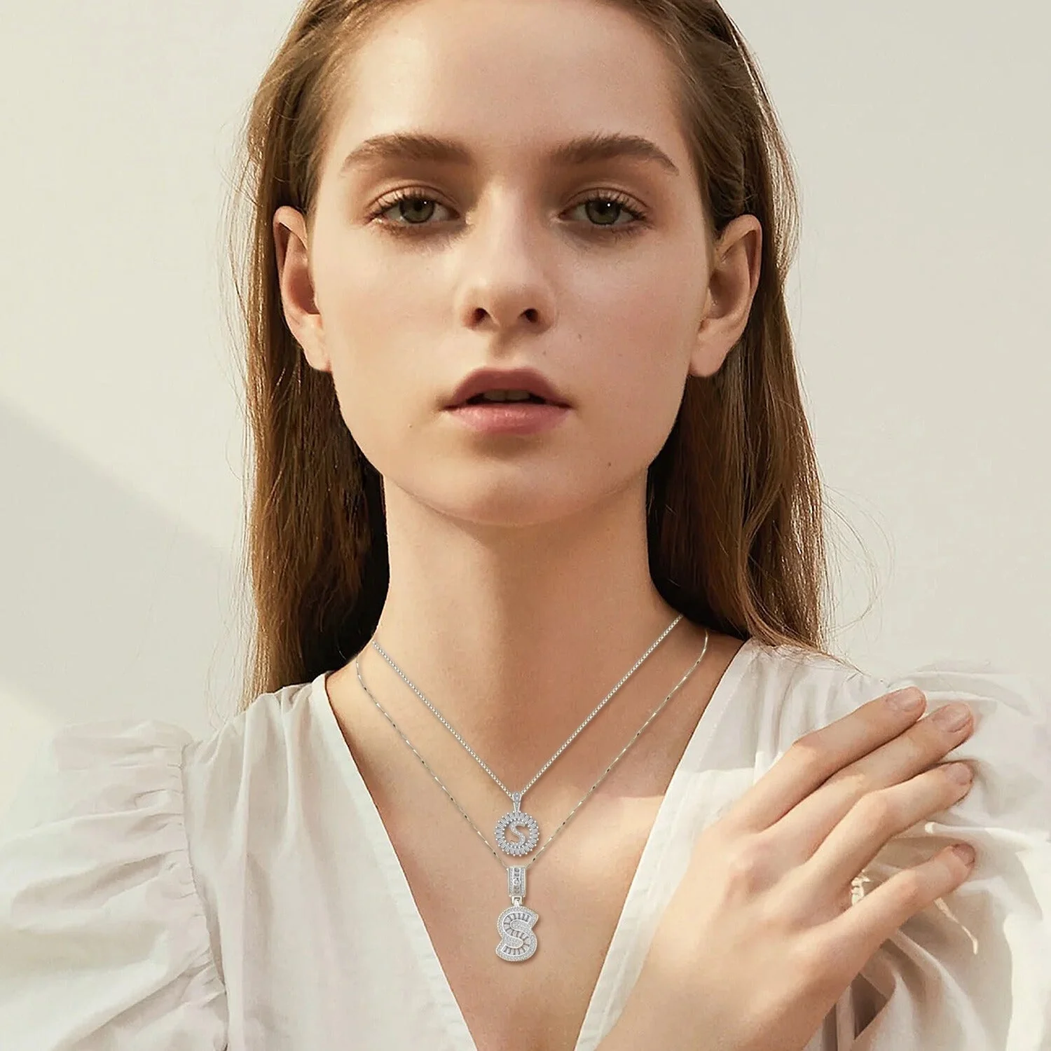 Pave letter initial necklace set | White Gold - Image 5