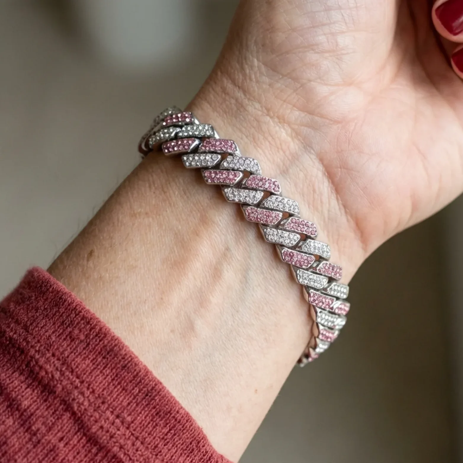 Pink Shimmer Cuban Bracelet | White Gold - Image 2