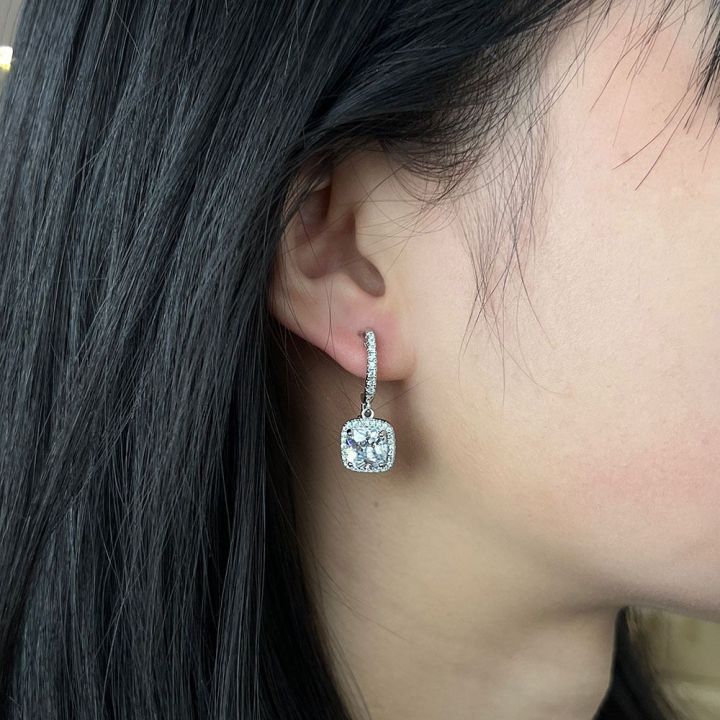 Square Halo Drop Earrings | White Gold - Image 2