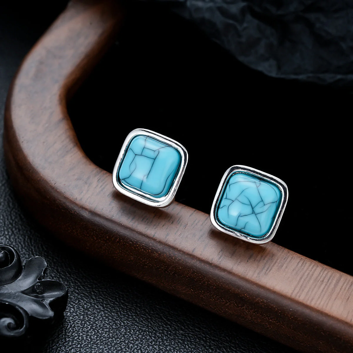 Turquoise Square Studs | White Gold - Image 2