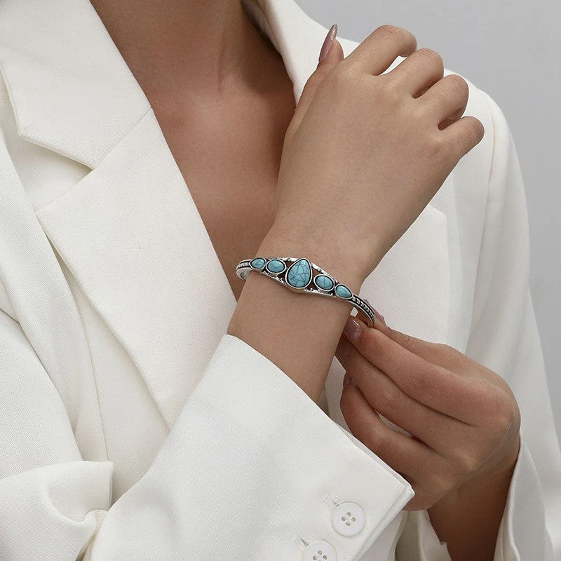 Turquoise Teardrop Open Bracelet | White Gold - Image 3